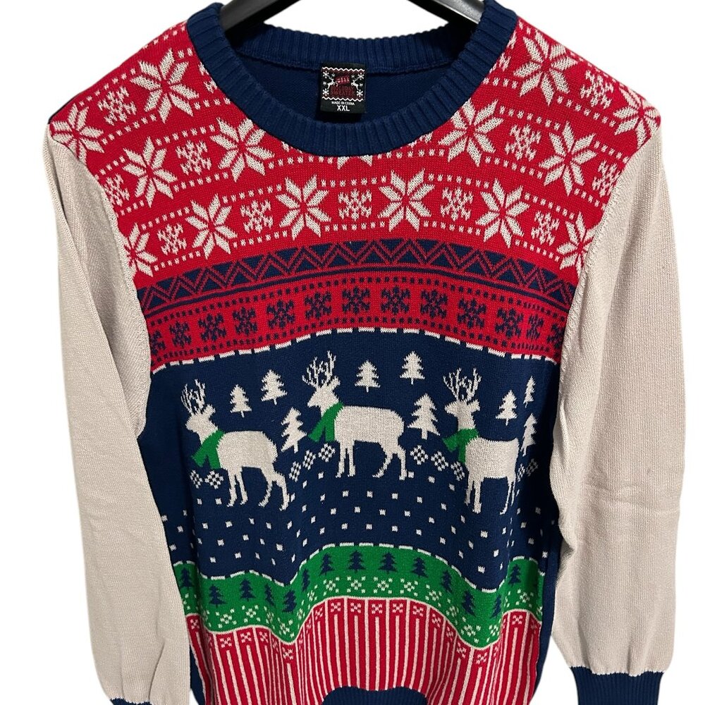 Holiday Sweater Ugly Christmas Crew Neck Sweater Size XXL Reindeer SnowFlakes
